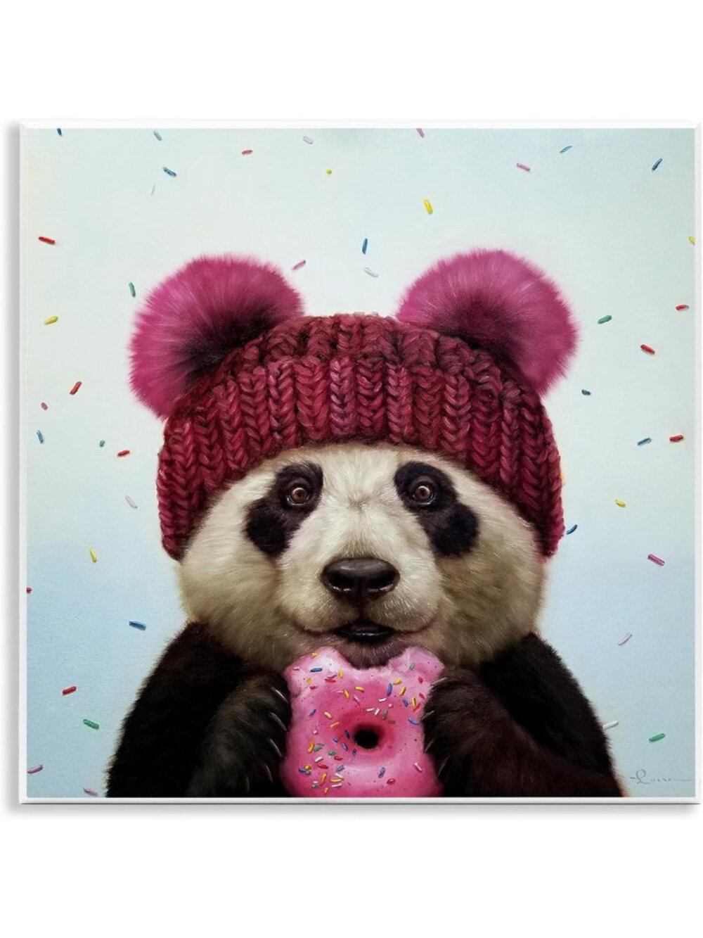 Cute Happy Panda Wall Art with Pink Sprinkle Donut, 12x12 Decor for Kids Room